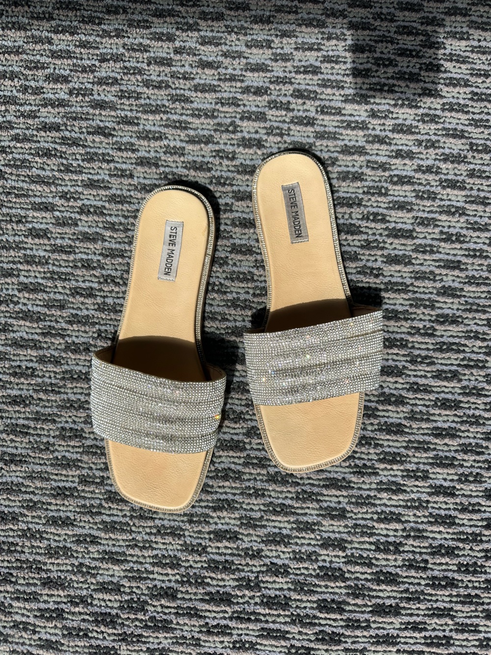 Steve Madden Silver Crystal Slide Sandals - Beige Footbed